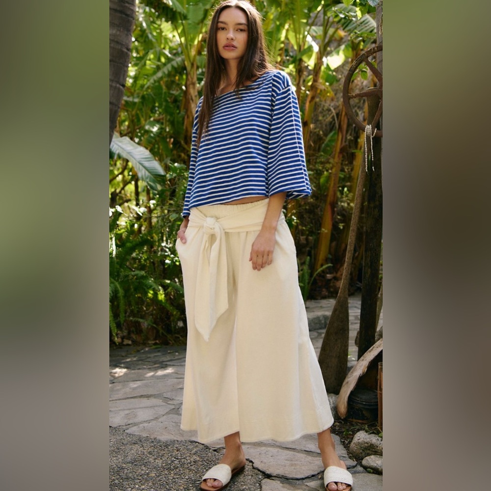 2 Piece Set Free People Blue Striped Top and Cream Wide-Leg Pants